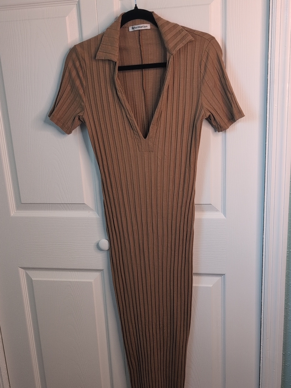 Reformation Ribbed Tan Midi Dress with Plunge Collar